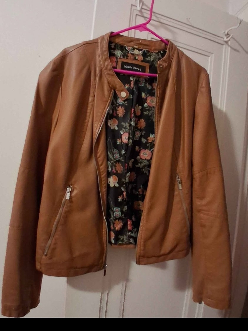 Black Rivet Women's Cognac Leather Bomber Jacket